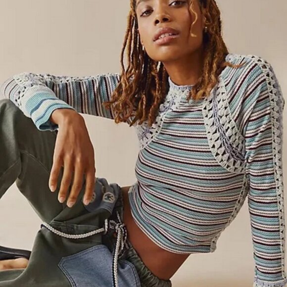 Free People Sunny Day Cuff Striped Printed Crochet Fitted Top XL - Picture 1 of 7
